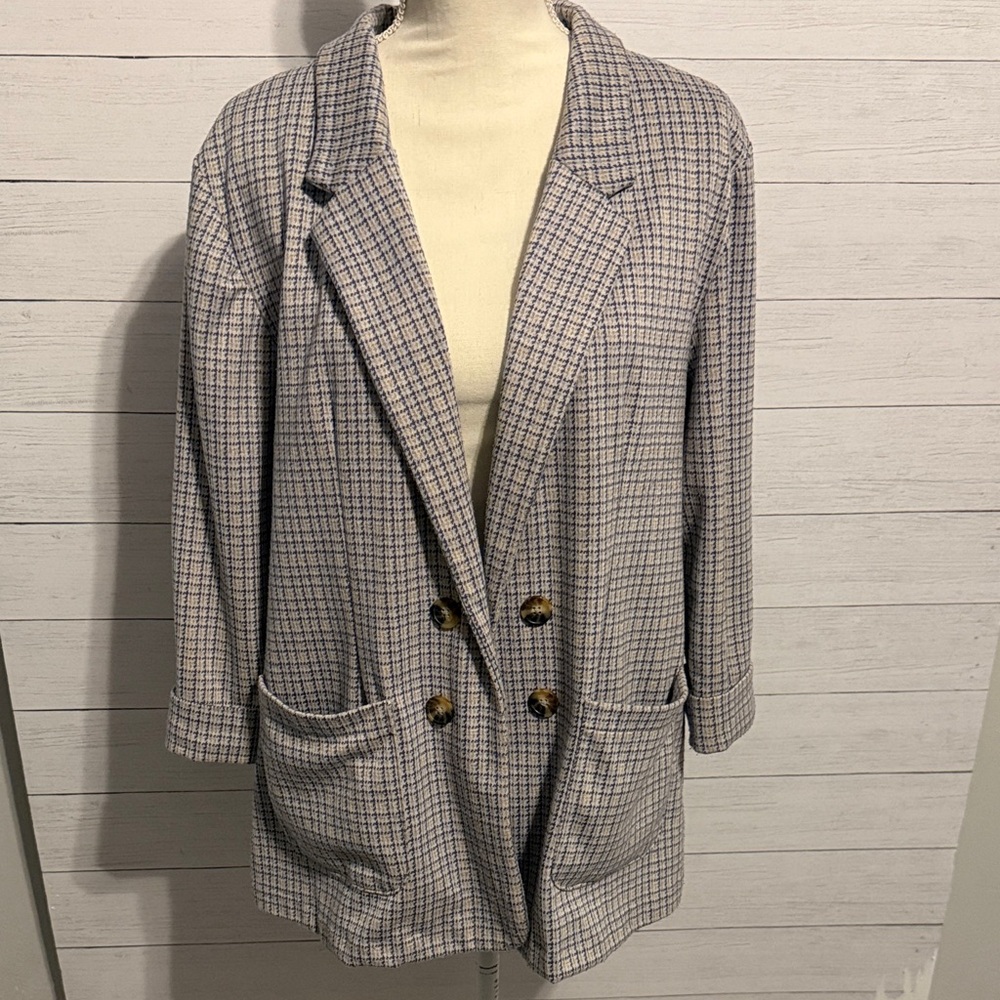 Maurices Light Gray & Blue Checked Double-Breasted Blazer